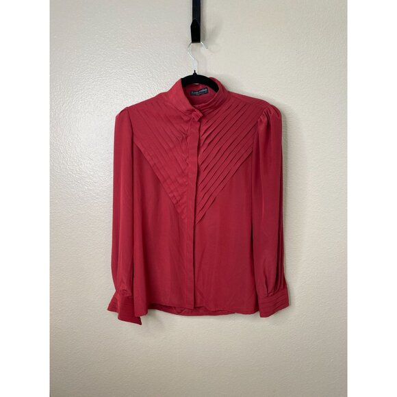 Louis Feraud Paris Womens Pleated Detail Red Long Sleeve Button-Up Blouse Sz 36 - Picture 1 of 7